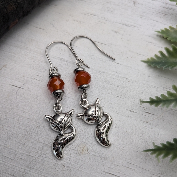 Handmade Jewelry - Beaded Fox Dangle Earrings with Orange Beads